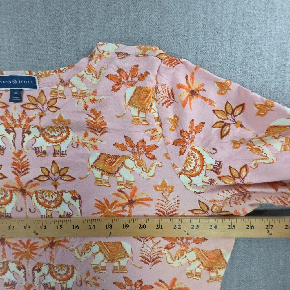 Karen Scott T-Shirt Women 2X Pink Elephant Palm Tree Print Cuffed Short Sleeve